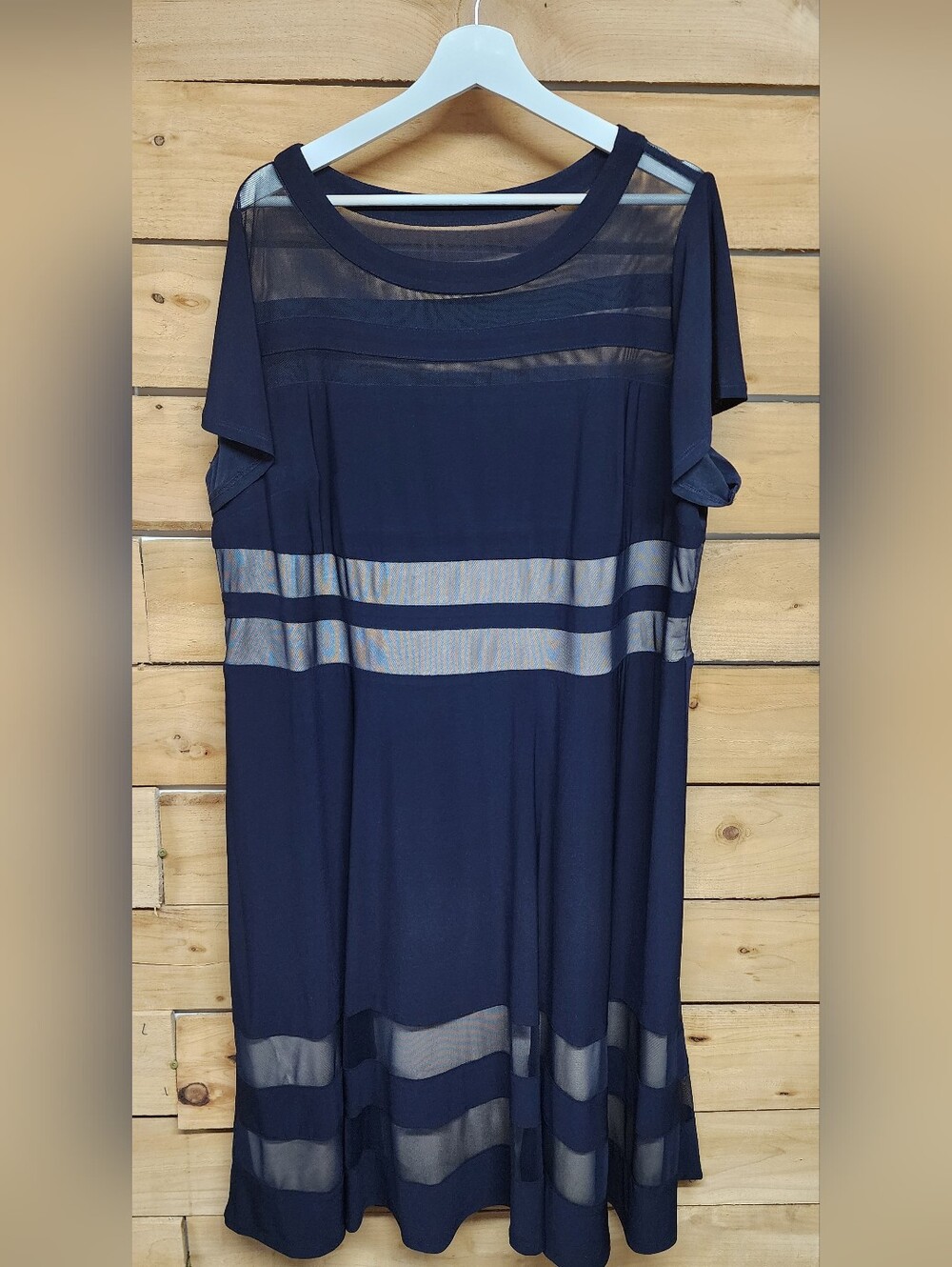 R&M Richards Sheer Mess Stripe Swing Dress Sz 20W Cocktail Party Midi